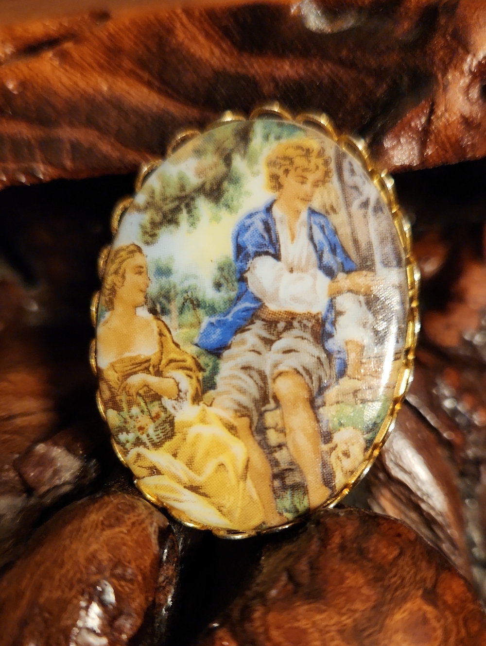 Limoges Style Porcelain Brooch Courting Couple, Vintage EUC